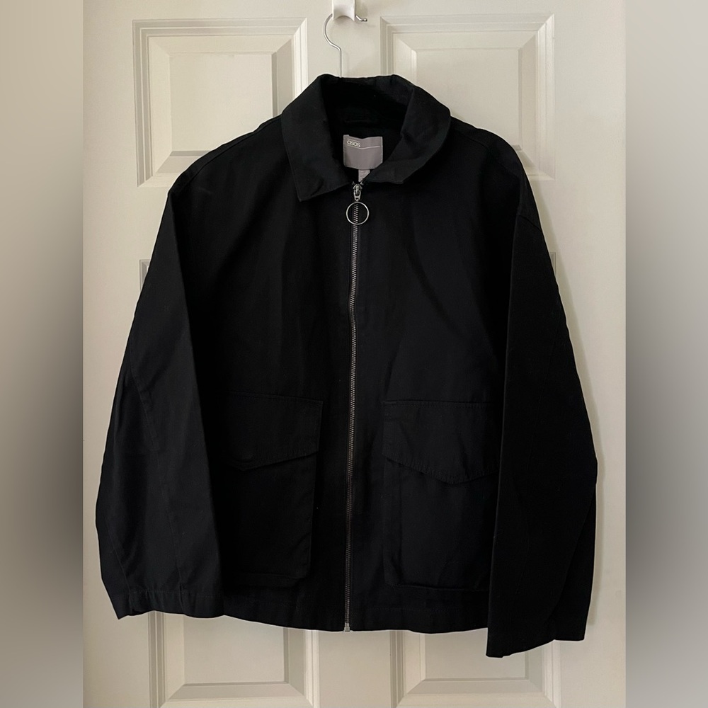 ASOS DESIGN cotton pocket jacket in black zipper front lightweight pockets 8